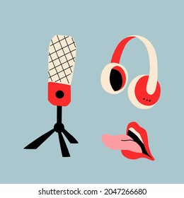 Vector elements for podcast, broadcast or radio design. Studio microphone on a stand, wireless headphones and an open mouth with a tongue sticking out.