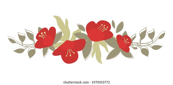 Vector elements of red Japanese camellia. Floral design. Cartoon bright Asian flowers and leaves on an isolated white background. Decorative element. Flower illustration hand drawn.