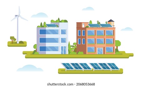 Vector elements representing eco town with solar panel and wind turbine