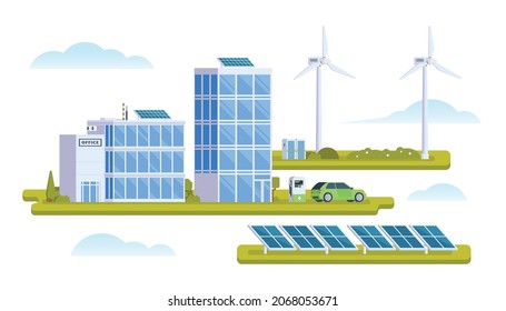 Vector elements representing eco town with solar panel and wind turbine