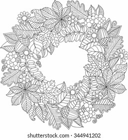 Vector elements rounder frame. Coloring book for adult. Autumn leafs and flowers