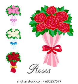 vector elements set A bouquet of red, pink, white and scarlet roses flat. Handwritten inscription rose art