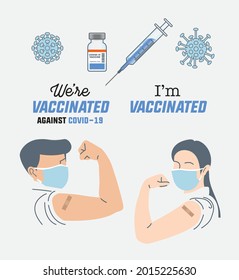 Vector elements set of covid-19 vaccinated concept, man woman with mask show arm with medicine plaster, vaccine bottle, syringe, virus symbol, slogan We're vaccinated against covid-19, I'm vaccinated 