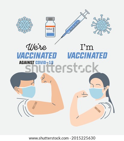 Vector elements set of covid-19 vaccinated concept, man woman with mask show arm with medicine plaster, vaccine bottle, syringe, virus symbol, slogan We're vaccinated against covid-19, I'm vaccinated 
