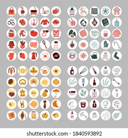 Vector elements. Set of story highlight covers. Cozy, retro, hygge icons