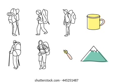 Vector elements set: tourists with backpacks, mugs, mountain, opener