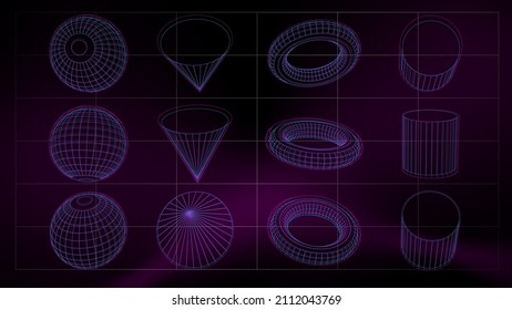 Vector elements set of universal retrofuturism style shapes in different angles. Abstract 3d objects and forms with glitch effect. Trendy batch of cyberpunk shapes. Abstract dark purple background. 