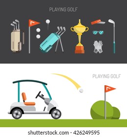 Vector elements sports gear for the game of Golf. Set of sports equipment for Golf. Banners for courses of Golf.