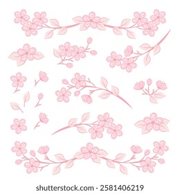 Vector elements of spring cherry blossom, flower garlands and floral arrangements, floral collection of decor design illustrations isolated on white background