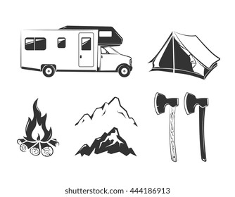 Vector elements for summer camp outdoors vintage labels, emblems, logos, badges. Tent for mountain camp, travel and recreation in outdoor camp illustration
