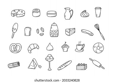 Vector elements of sweet snacks and pastries, coffee dishes. Excellent for decorating cafes and menus. Doodle icon style