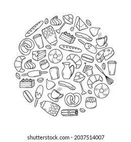 Vector elements of sweet snacks and pastries, coffee dishes. Excellent for decorating cafes and menus. Doodle icon style