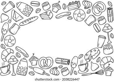 Vector elements of sweet snacks and pastries, coffee dishes. Excellent for decorating cafes and menus. Doodle icon style