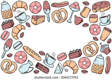 Vector elements of sweet snacks and pastries, coffee dishes. Excellent for decorating cafes and menus. Doodle icon style