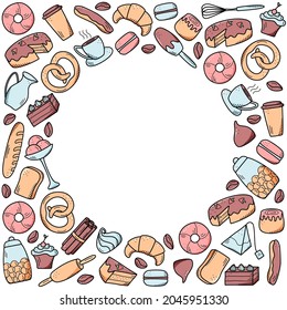 Vector elements of sweet snacks and pastries, coffee dishes. Excellent for decorating cafes and menus. Doodle icon style.