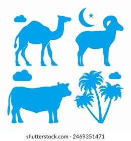 Vector elements with the theme of Eid al-Adha (Muslim holiday) with silhouette designs depicting sacrificial animals, namely sheep, cows, camels and other supporting elements
