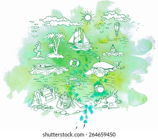 Vector elements of travel of the drawn line on watercolor green background: the old ship, fishing boat, palm trees, fish, whale, stones, beach, old suitcase, backpack, ball, balloon