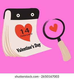 Vector elements for Valentine's Day: a notebook with the date of Valentine's Day, February 14, and a magnifying glass with a heart. The design can be used as a postcard, print, painting, separate post