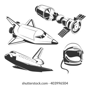 Vector elements for vintage space, astronaut labels and emblems. Rocket shuttle, flight shuttle ship, icon spaceship, shuttle illustration