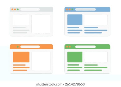 Vector elements of a web browser window are isolated, with site template designs available in various colors, and a mockup for website design set against a blue background