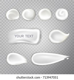 Vector elements of white cream drops and smear. Empty sample isolated on background. Fully editable handmade mesh. Set of realistic cosmetic swatches use as template or mockup for text.