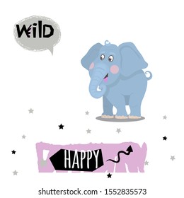 Vector elephant animal character with quotes isolated on a white background wild and happy card
