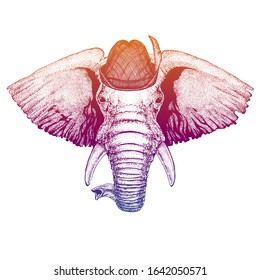 Vector elephant. Bavarian traditional hat. Tirol austrian hat. Beer oktoberfest animal portrait.