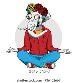 Vector elephant with bird and glasses. Hand drawn illustration of dressed elephant.