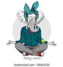 Vector elephant with bird. Hand drawn illustration of dressed elephant.