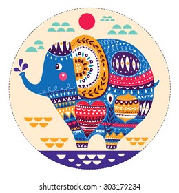 Vector elephant in cartoon style. Baby birth card with Elephant