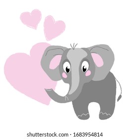 vector elephant cute baby wild animal with pink big hearts card  illustration for textile childish posters