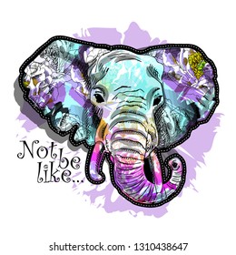 Vector elephant with a floral ornament on the ears. Hand drawn illustration of original elephant.