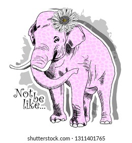 Vector elephant with a floral ornament on the ears. Hand drawn illustration of original elephant.