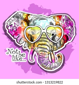 Vector elephant with a floral ornament on the ears and glasses. Hand drawn illustration of original elephant. 2