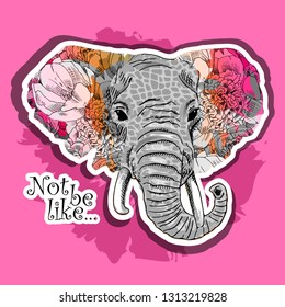 Vector elephant with a floral ornament on the ears. Hand drawn illustration of original elephant. 1