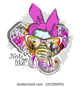 Vector elephant with a floral ornament on the ears, turban and glasses. Hand drawn illustration of original elephant. 