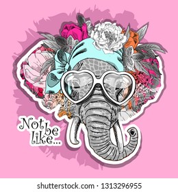 Vector elephant with a floral ornament on the ears and glasses. Hand drawn illustration of original elephant. Cat with wreath and weaving