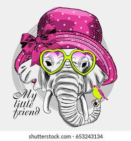 Vector elephant with glasses, hat and bird. Hand drawn illustration of dressed elephant. 