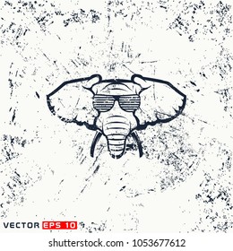 Vector elephant head, hipster face on grunge background