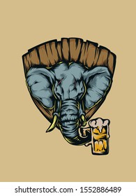 vector elephant head holding a glass of beer in a wooden shield