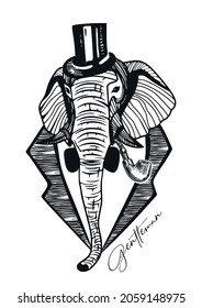 Vector elephant head portrait silhouette drawing illustration.Engraving wild animal in cylinder hat with smoking pipe,bow.Gentleman.Aristocrat.Tattoo.T shirt print design.Vinyl wall sticker decal.Art.