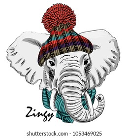 Vector elephant with knitted hat and green scarf. Hand drawn illustration of dressed elephant. 