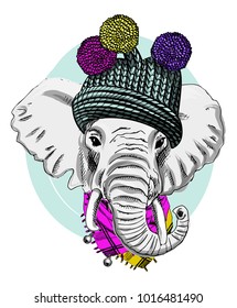 Vector elephant with knitted hat. Hand drawn illustration of dressed elephant. 