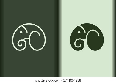 Vector of elephant logo design curve linear and silhouette icon minimal style.Creative simple animal on green background for business artwork.Modern flat icon elephant head shape graphic illustration.