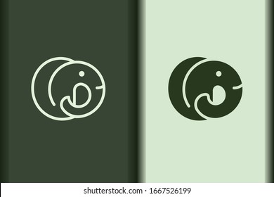 Vector of elephant logo design linear and silhouette icon minimal style. Creative simple animal on green background for business artwork. Modern flat icon elephant circle shape graphic illustration.