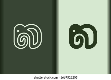 Vector of elephant logo design linear and silhouette icon minimal style. Creative simple animal on green background for business artwork. Modern flat icon elephant head shape graphic illustration.
