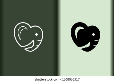 Vector of elephant logo design linear and silhouette icon minimal style. Creative simple animal on green background for business artwork. Modern flat icon elephant heart shape graphic illustration.