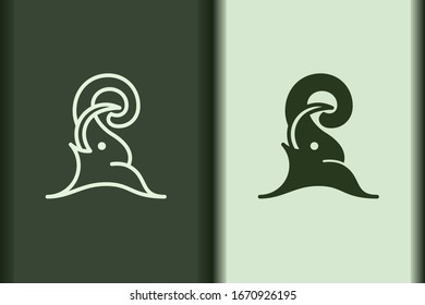 Vector of elephant logo design linear and silhouette icon minimal style. Creative simple animal on green background for business artwork. Modern flat icon elephant head up shape graphic illustration.
