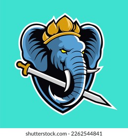 Vector of elephant mascot with sword and crown inside shield logo design for badge, emblem, or t shirt printing