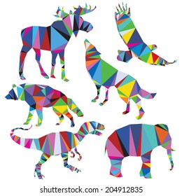 Vector elephant, moose, eagle and wolf in triangle style